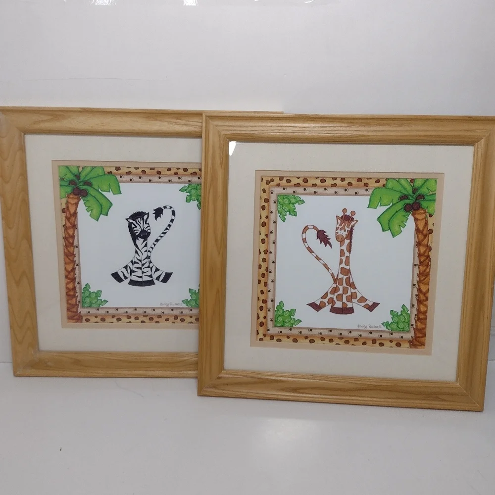 Sandy Russell Whimsical Zebra & Giraffe Framed Art Set - Green, Black, Brown. Se